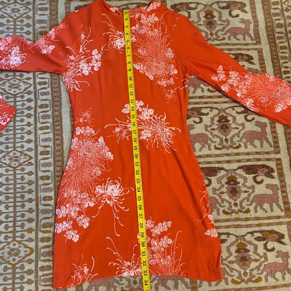 Long Sleeved Orange Chrysanthemum Print Dress - Picture 7 of 12